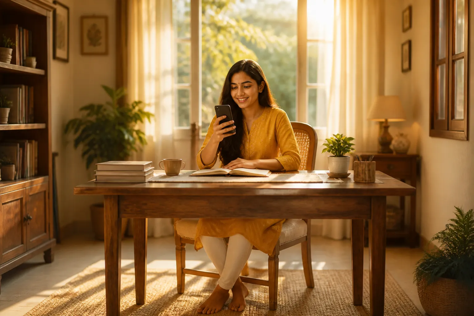 Indian woman working confidently from home on her smartphone
